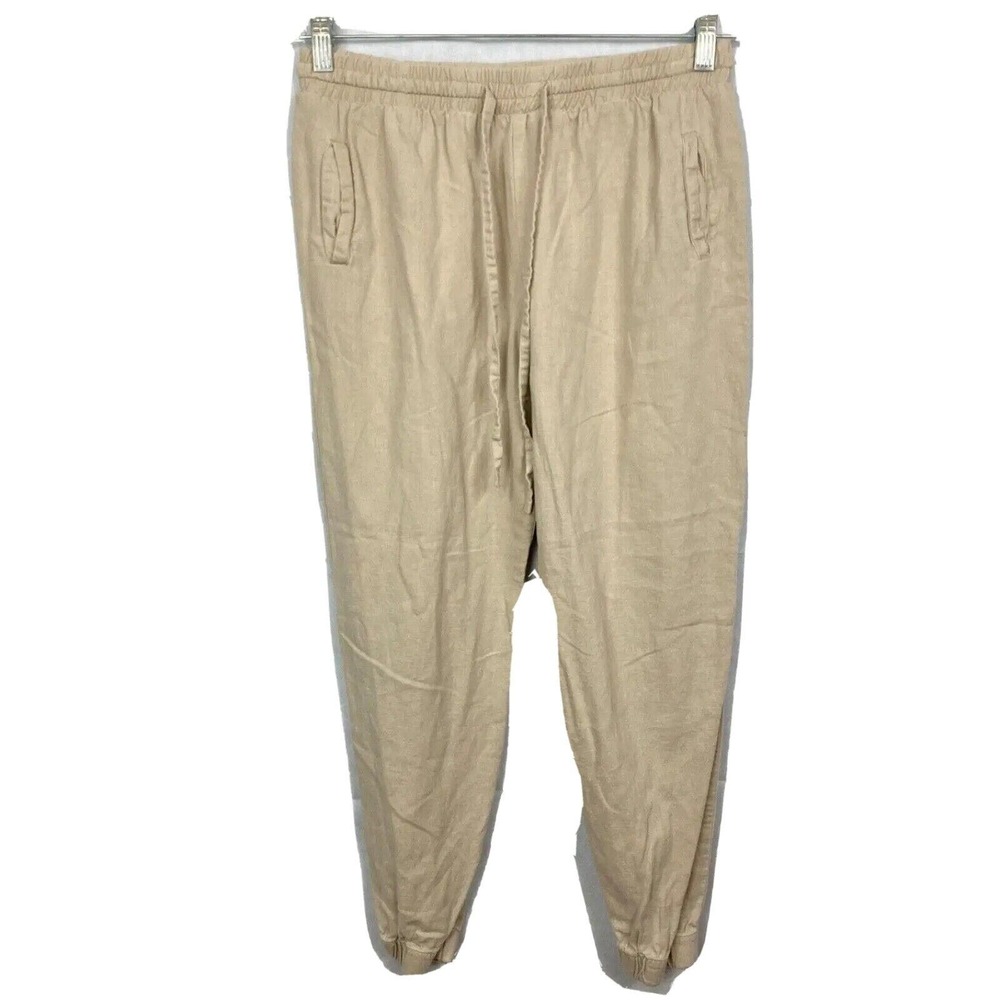 Love Tree Pants Womens Sz‎ M Tan Khaki Linen Drawstring Cinched Jogger